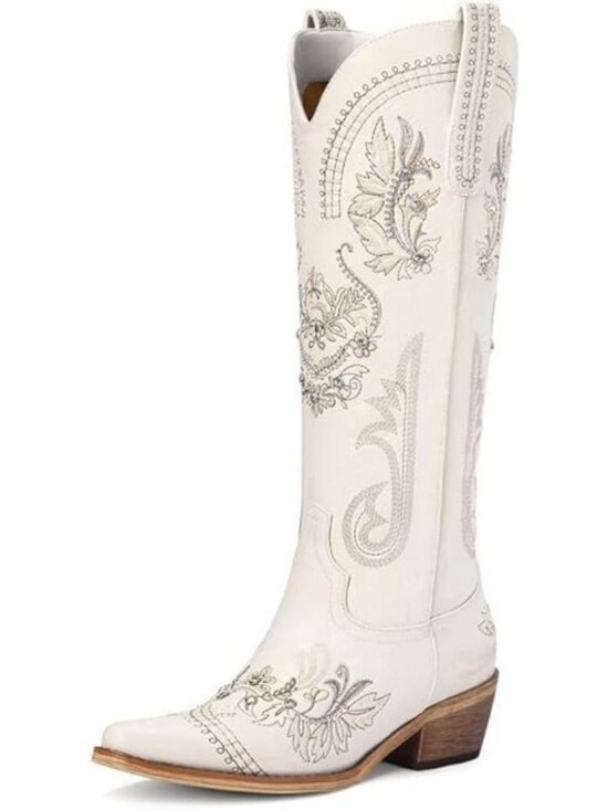 Shoes - Women's Wide Calf Knee High Sparkly Rhinestone Beige Western Boots Pull On Boots